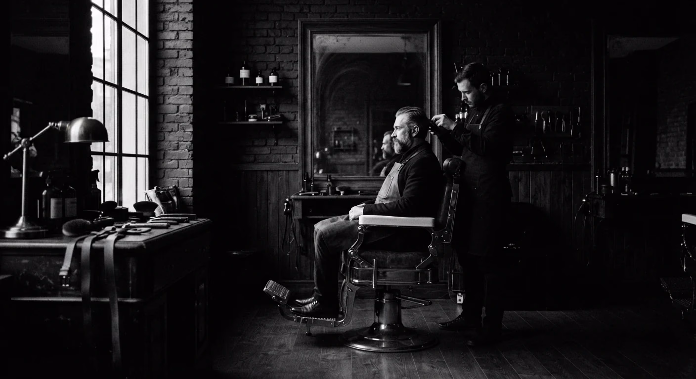 Interior de barbería con luz lateral dramática