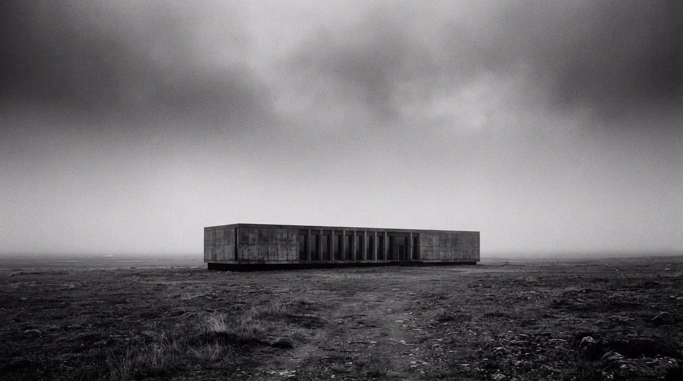 Edificio bajo de hormigón en niebla, panorámica en blanco y negro