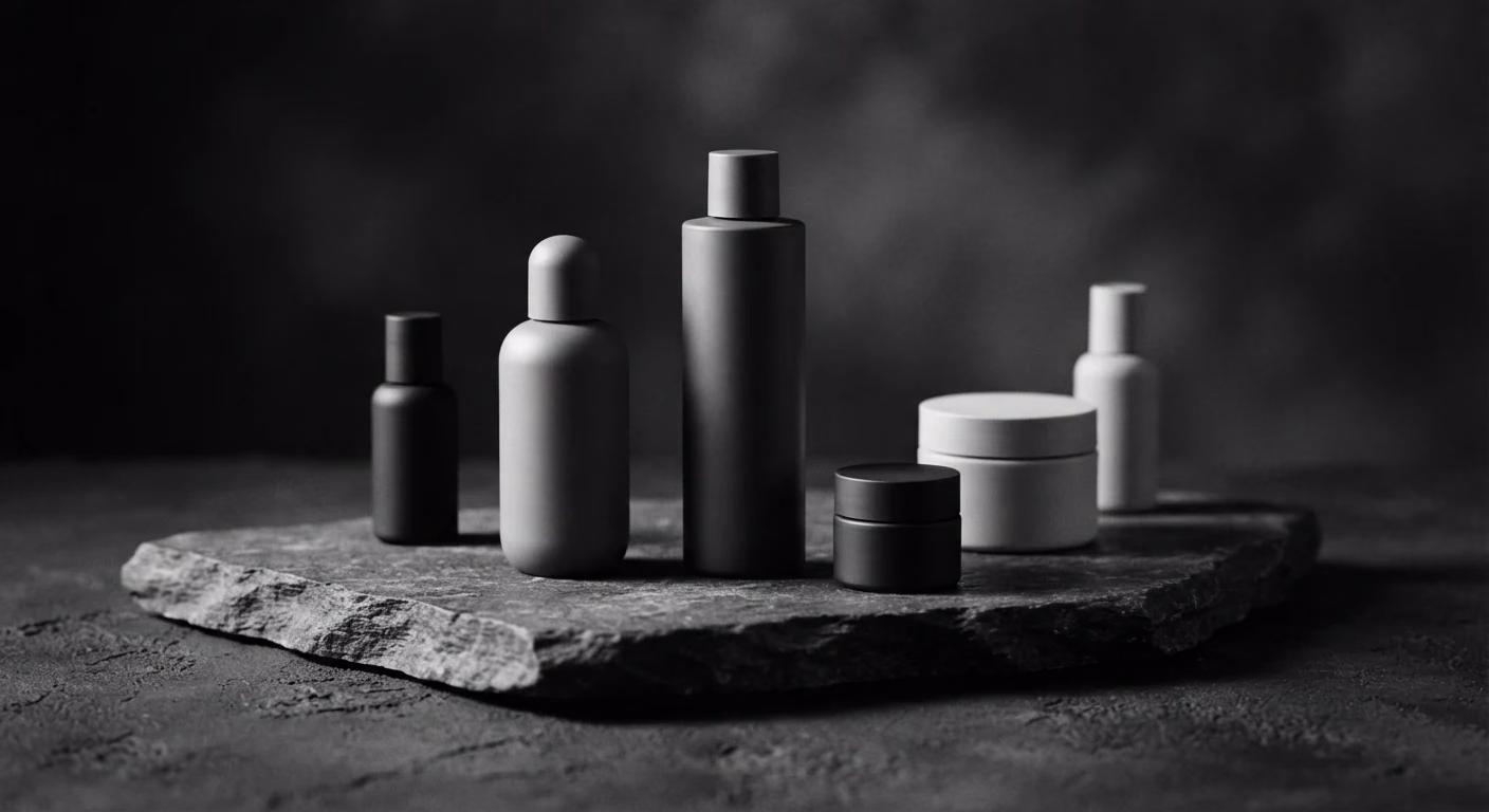 Matte cosmetic containers on a stone slab
