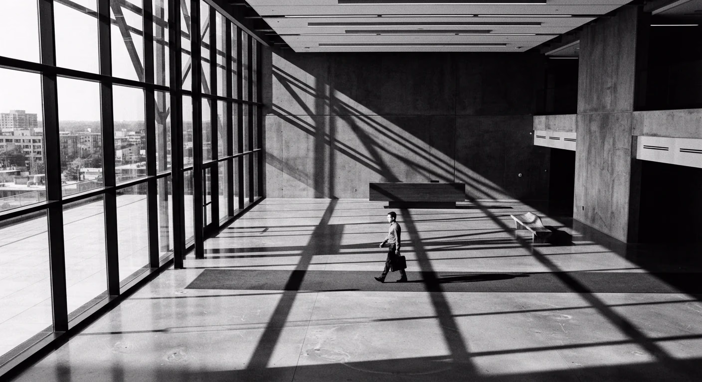Corporate lobby with diagonal light and a figure walking